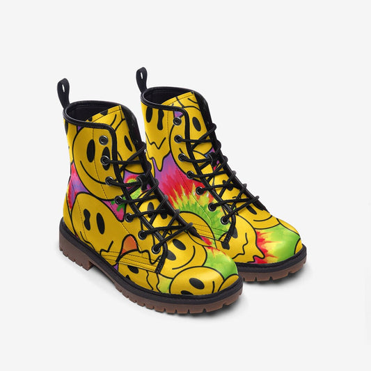 Trippy Smiling Face Yellow Vegan Leather Unisex Boots