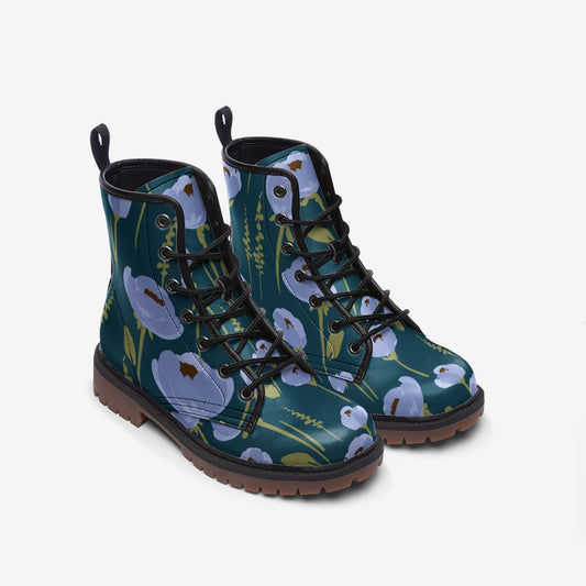 Vintage Floral Blue Vegan Leather Unisex Boots