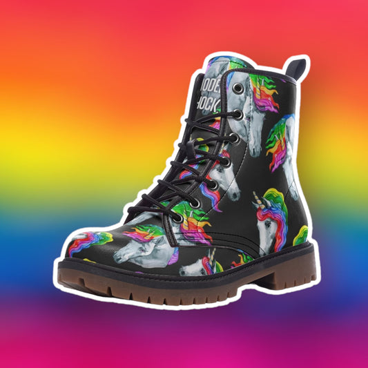 Rainbow Unicorn LGBTQ+ Black Vegan Leather Unisex Boots