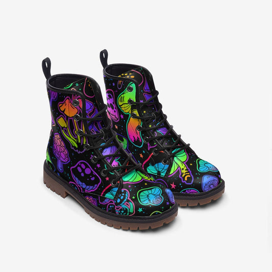 Neon Rainbow Mushrooms Vegan Leather Unisex Boots