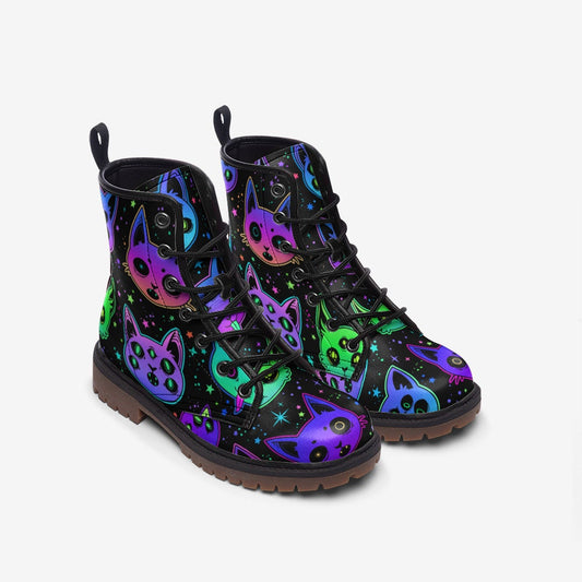 Neon Rainbow Cats Witchy Black Vegan Leather Unisex Boots
