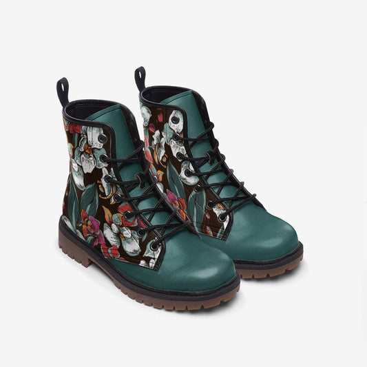 Green Floral Vintage Vegan Leather Unisex Boots