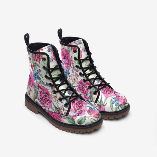 Pink Roses White Floral Vegan Leather Unisex Boots