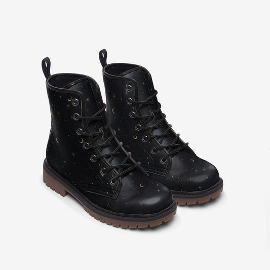 Gold Stars & Moon Black Vegan Leather Unisex Boots