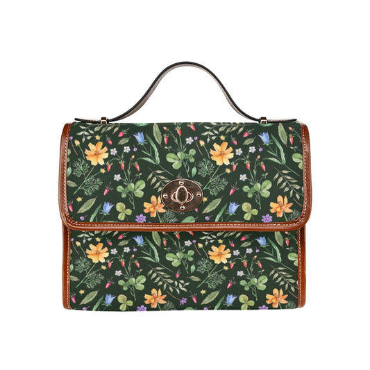 Cottagecore Witchy Canvas Satchel bag, Petite Green Wildflowers on Black purse, Canvas & Vegan Leather Floral Handbag,Boho Witchcore Satchel