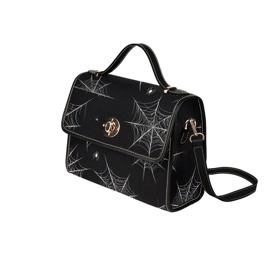 Spiderweb Gothic Purse, Canvas Satchel bag, Vegan Goth Bag, Halloween Costume Adult Cosplay, Cute Black Witch women cross body purse