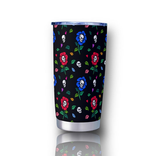 Skull Flowers Black Goth Tumbler – 20oz