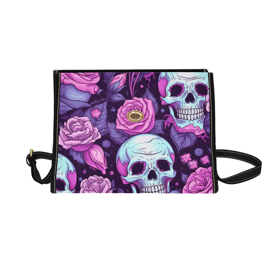 Dark Skull Boho Halloween Canvas Satchel bag, Cottagecore witch crossbody purse, cute vegan leather strap goth bag, hippie boho gift handbag