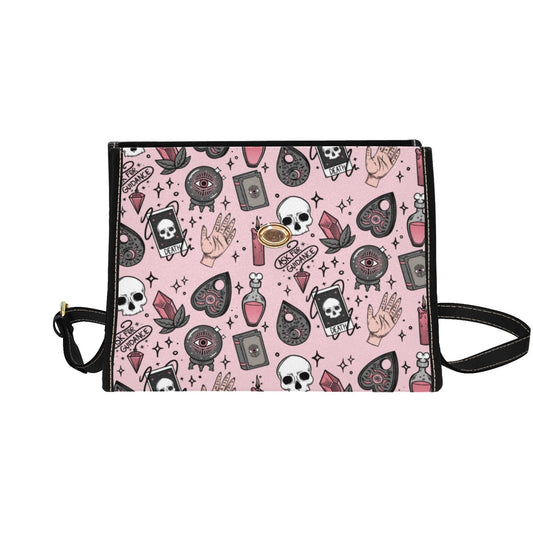 Pink kawaii cute witch potions Canvas Satchel bag, witchy bag for women, cute vegan leather strap hand bag boho bag hippies boho gift