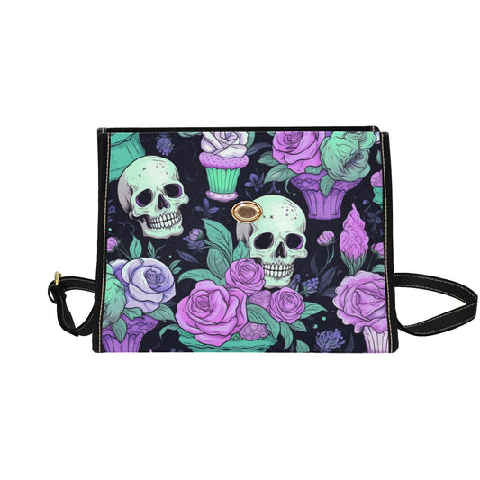 Dark Skull Boho Halloween Canvas Satchel bag, Cottagecore witch crossbody purse, cute vegan leather strap goth bag, hippie boho gift handbag