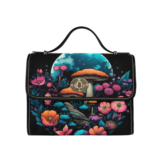Magical Mushroom Cottagecore Canvas Satchel bag, cottagecore forest women purse, cute vegan leather strap hand bag boho bag, hippies gift