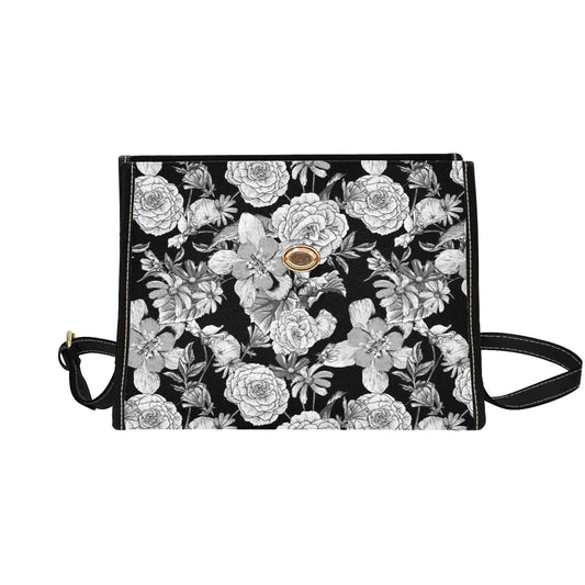 Black and White Roses Canvas Satchel bag, French floral crossbody purse, Boho Victorian Vegan leather trim whimsy cottagecore bag