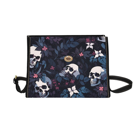 Dark Skull Boho Halloween Canvas Satchel bag, Cottagecore witch crossbody purse, cute vegan leather strap goth bag, hippie boho gift handbag
