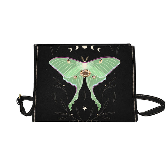 Moth Celestial Moon Black Canvas Satchel bag, Cute women nature crossbody purse, cute black strap hand bag, hippies boho gift purse