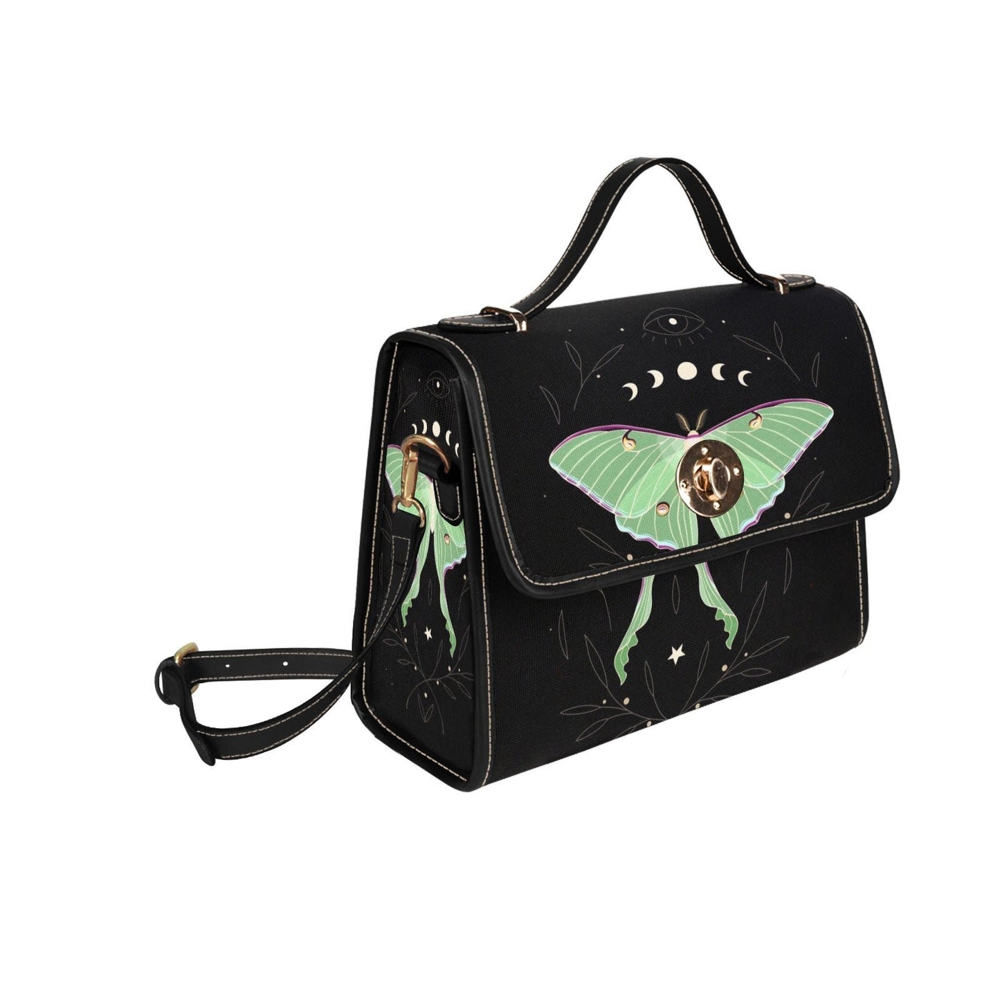 Moth Celestial Moon Black Canvas Satchel bag, Cute women nature crossbody purse, cute black strap hand bag, hippies boho gift purse