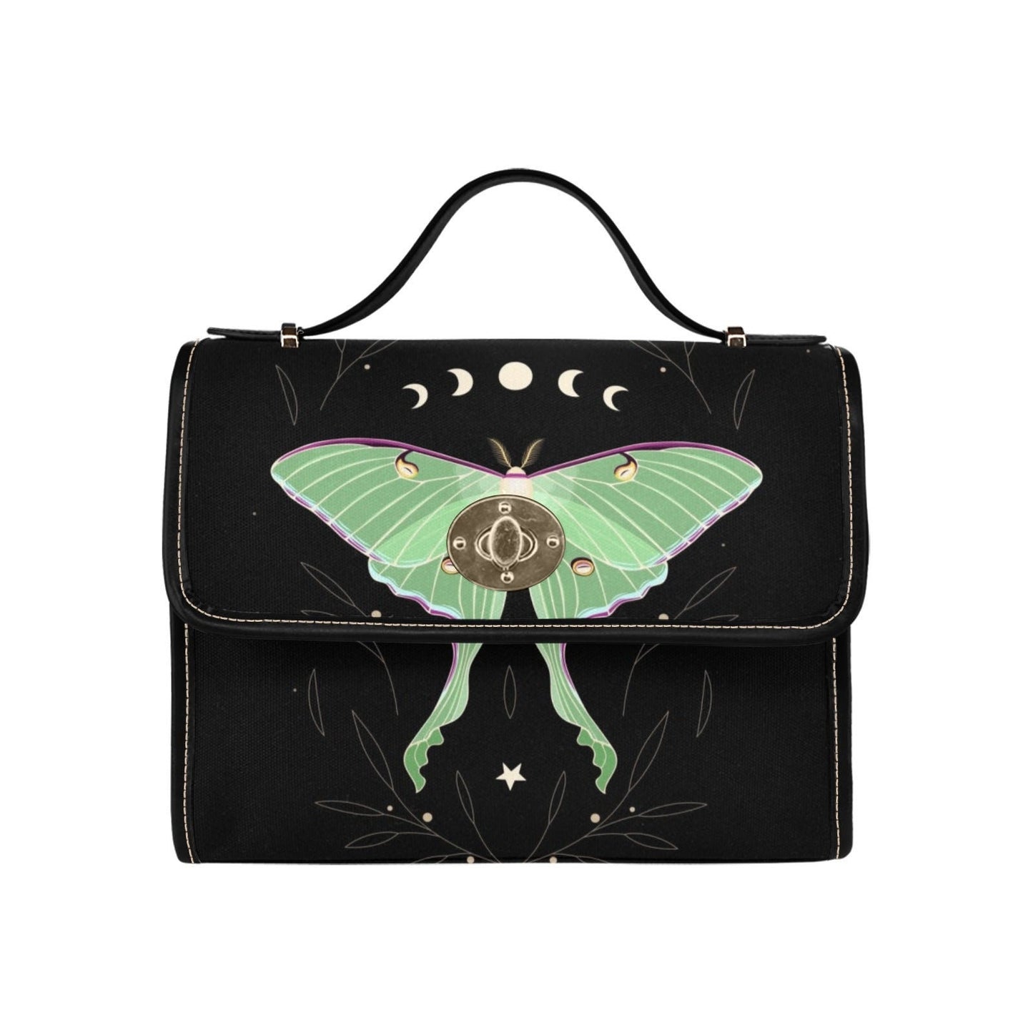 Moth Celestial Moon Black Canvas Satchel bag, Cute women nature crossbody purse, cute black strap hand bag, hippies boho gift purse