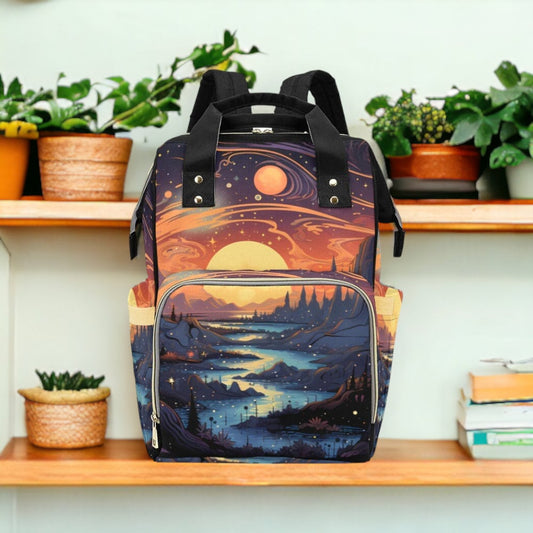 Sunset Orange Bag backpack, Cottagecore lunar bag, Multifunctional Waterproof Diaper Bag, New Mom Large Backpack, postpartum gift