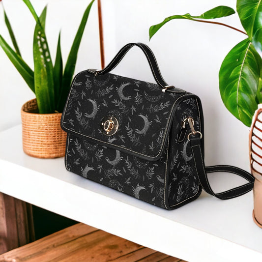 Moon Witch Canvas Bag, Witchy Celestial Purse, Cute Cottagecore Witch Canvas Satchel Bag, Black eco goth satchel, Cottage Core Purse