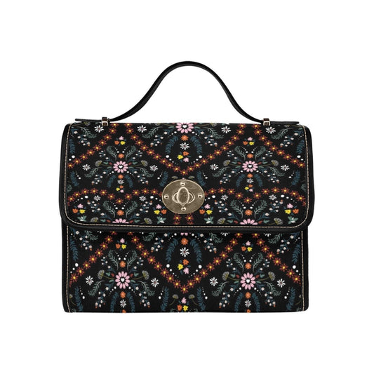 Folkcore floral shoulder bag, dark boho canvas purse, vintage gothic satchel style, cottagecore pattern crossbody, alt witchy gift idea