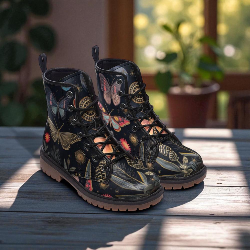 Celestial butterfly combat boots, mystical insect lace up shoes, astrology inspired ankle boots, starry moth pattern footwear,Festival boots