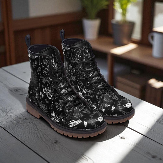 Mystic symbol combat boots, celestial festival lace up shoes, witchy occult printed footwear, astrology inspired alternative fashion boots