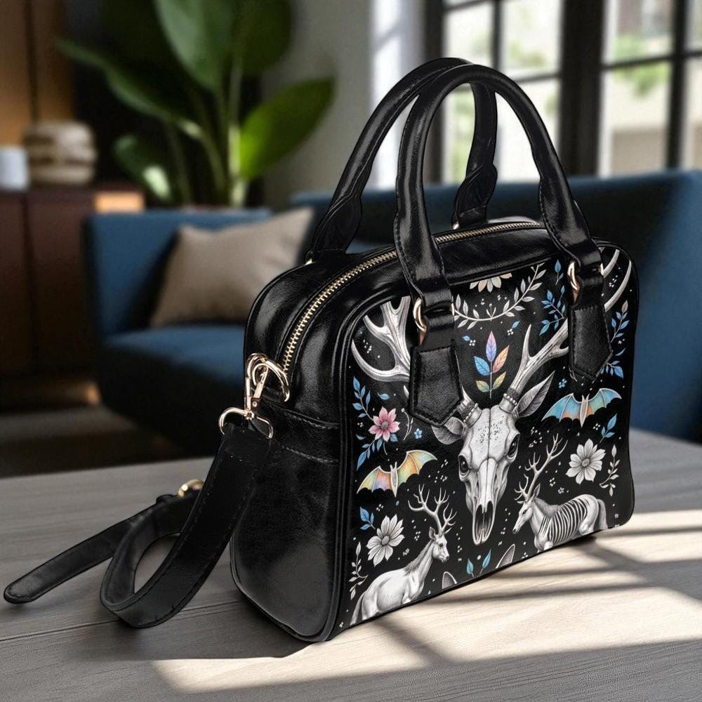 Mystical Deer Skull Bag, Occult Bat Purse, Dark Fantasy Satchel, Witchy Forest Handbag, Enchanted Ritual Tote, Pagan Festival Shoulder Bag