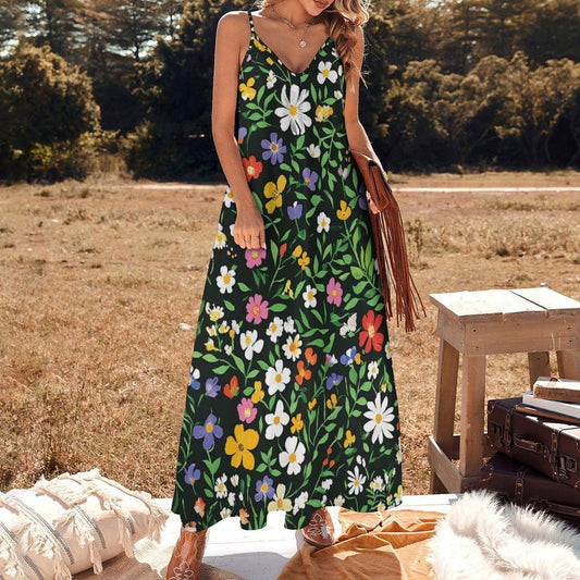 Wildflower Garden Maxi Dress, Green Floral Cottagecore Sundress, Colorful Flower Print Summer Outfit, Nature Inspired Picnic Dress,Soft Girl