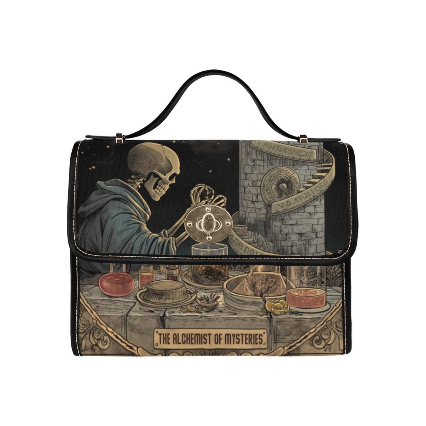 Dark academia skeleton bag, alchemist aesthetic canvas purse, occult goth crossbody satchel, mystical witch scholar gift idea