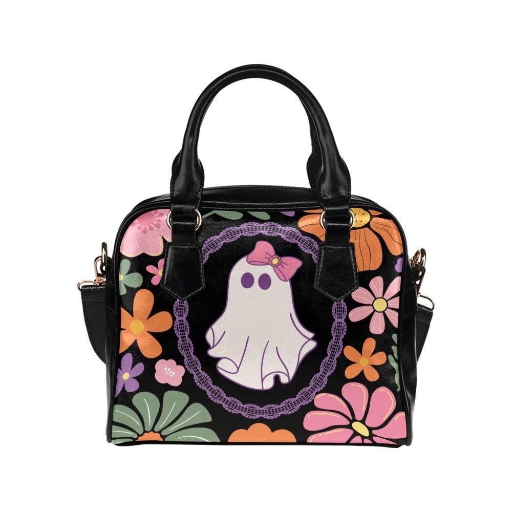 Retro Floral Ghost Bag, Pastel Halloween Satchel, Cute Witchy Purse, Spooky Vintage Handbag, Kawaii Bow Ghost Tote, Haunted Shoulder Bag