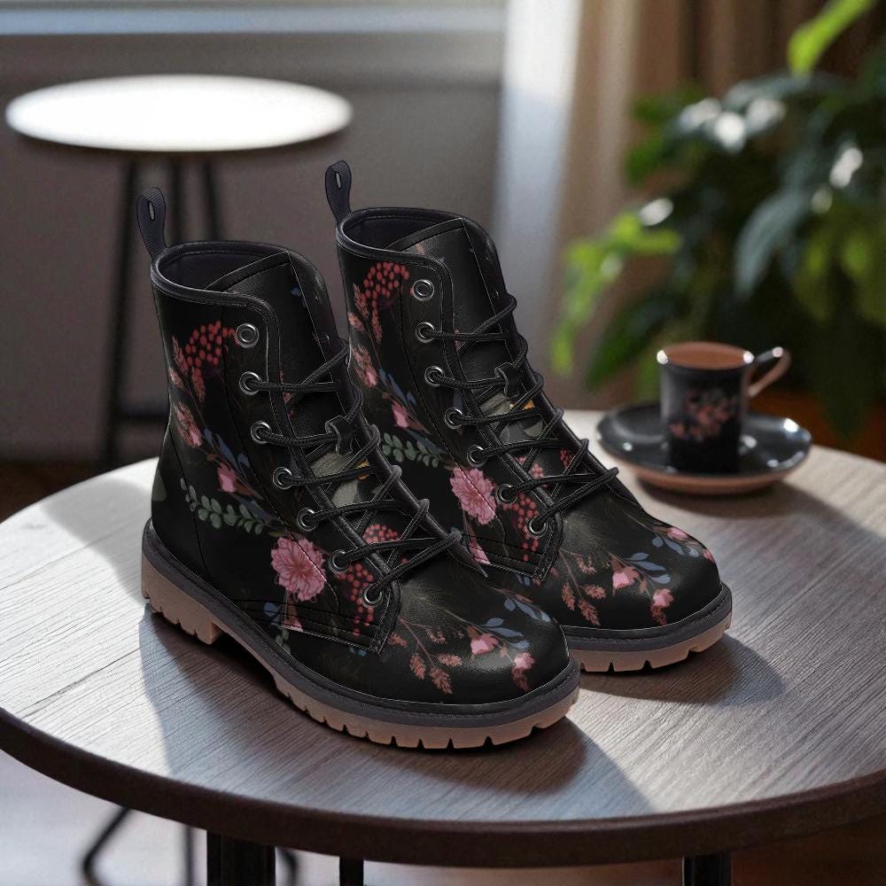 Dark Floral Combat Boots, Gothic Flower Lace Up Boots, Moody Garden Punk Boots for Women,Soft Grunge Witchy Footwear,Floral Print Ankle Boot