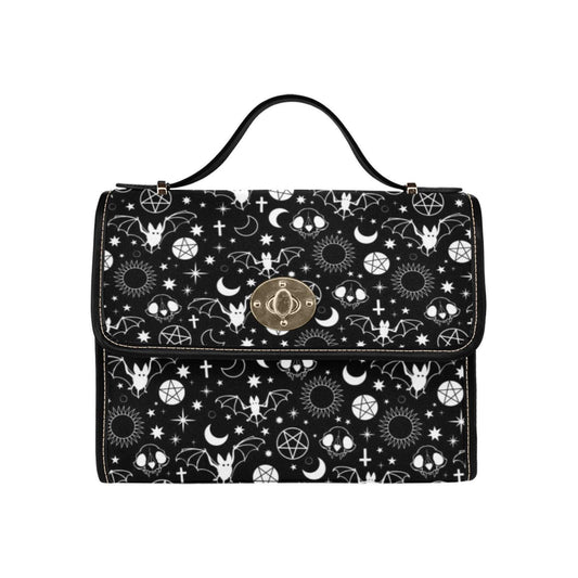 Celestial bat shoulder bag, goth moon print canvas purse, occult skull crossbody satchel, witchy pentacle aesthetic, spooky witch gift idea