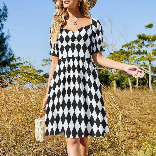 Black and white harlequin dress, gothic Alice puff sleeve dress, checkered fairytale party outfit, sweetheart neckline mini dress, fantasy