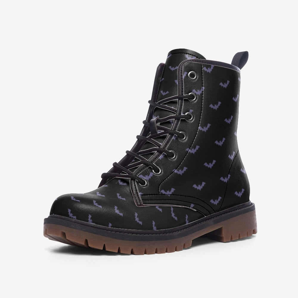 Violet bat print boots, spooky festival footwear, enchanted nightwalk combat shoes, lunar forest lace ups, celestial halloween vibe boots