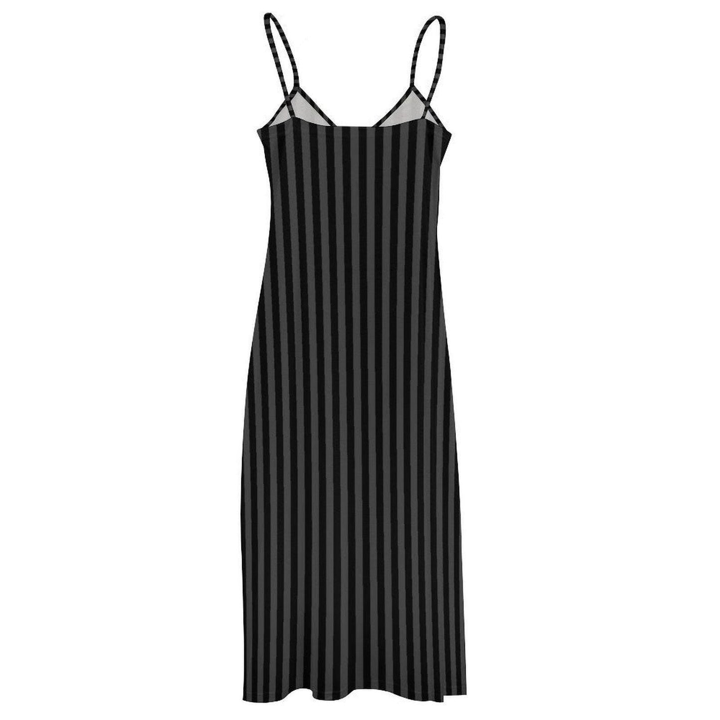 Black striped dress, gothic slip style maxi dress, dark aesthetic summer fashion, witchy long cami dress for edgy style lovers, alt wardrobe