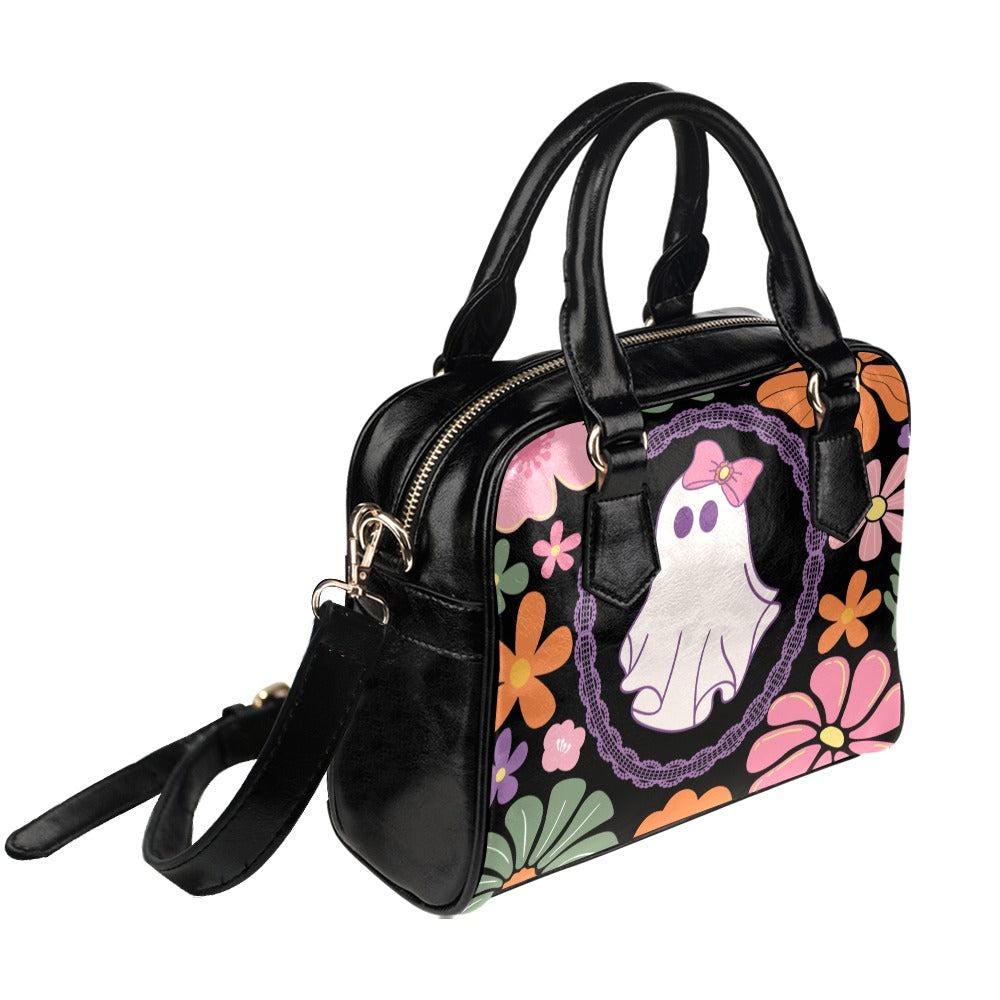 Retro Floral Ghost Bag, Pastel Halloween Satchel, Cute Witchy Purse, Spooky Vintage Handbag, Kawaii Bow Ghost Tote, Haunted Shoulder Bag