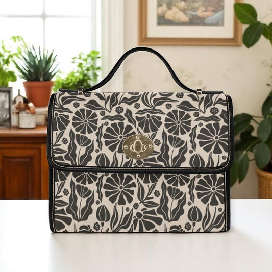 Botanical print bag, monochrome floral purse, retro style handbag, black cream satchel, plant lover bag, nature pattern purse, unique gift