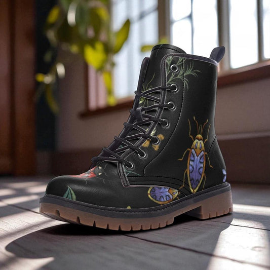 Beetle garden combat boots, enchanted insect lace up shoes, whimsical bug print footwear, cottagecore beetle boots, insect festival shoes