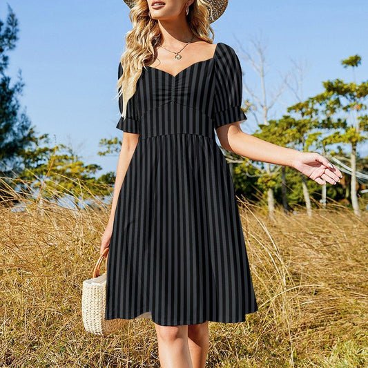 Black striped sundress, puff sleeve goth outfit, dark cottagecore fashion, spooky Halloween alt dress, haunted picnic witchwear, goth dress