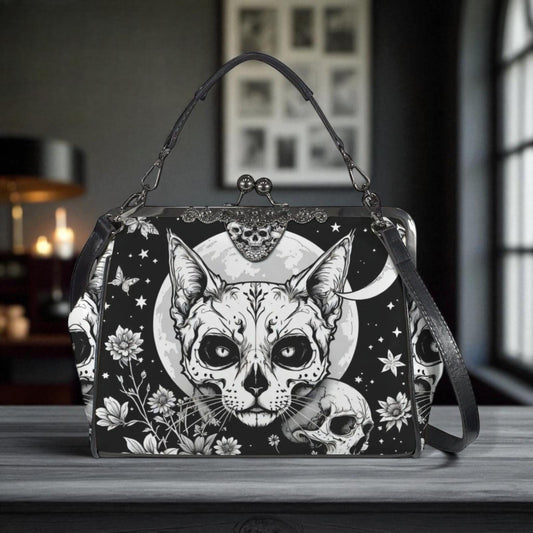 Full moon cat clasp purse, celestial feline print handbag, skull and flower kisslock bag, dreamy familiar shoulder purse, black cat design