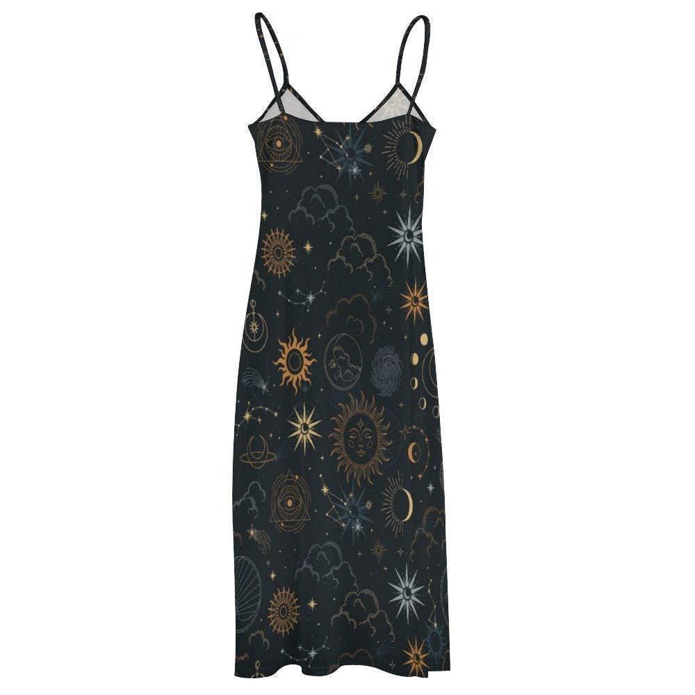 Celestial Sun Moon Dress, Black Astrology Maxi Dress, Starry Sky Spiritual Outfit, Witchcore Planet Print Dress, osmic Universe Boho Fashion