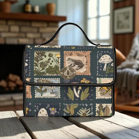Goblincore forest shoulder bag, vintage frog canvas purse, mushroom nature crossbody satchel, alt cryptid botanist stamp collector gift idea