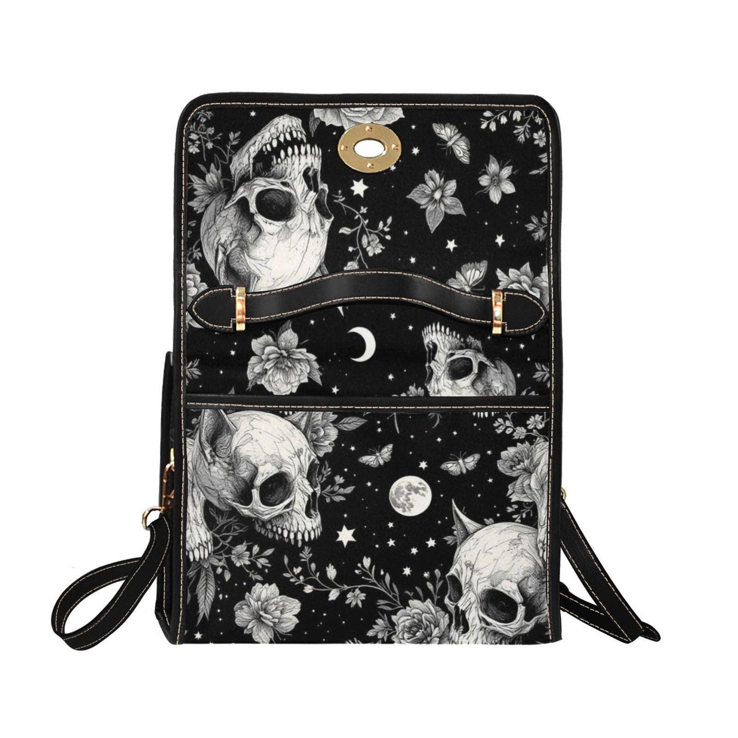 Rose skull pattern satchel, black floral crossbody purse, eerie butterfly print handbag, illustrated bones shoulder bag,vintage creepy purse