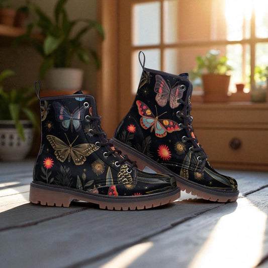 Celestial butterfly combat boots, mystical insect lace up shoes, astrology inspired ankle boots, starry moth pattern footwear,Festival boots
