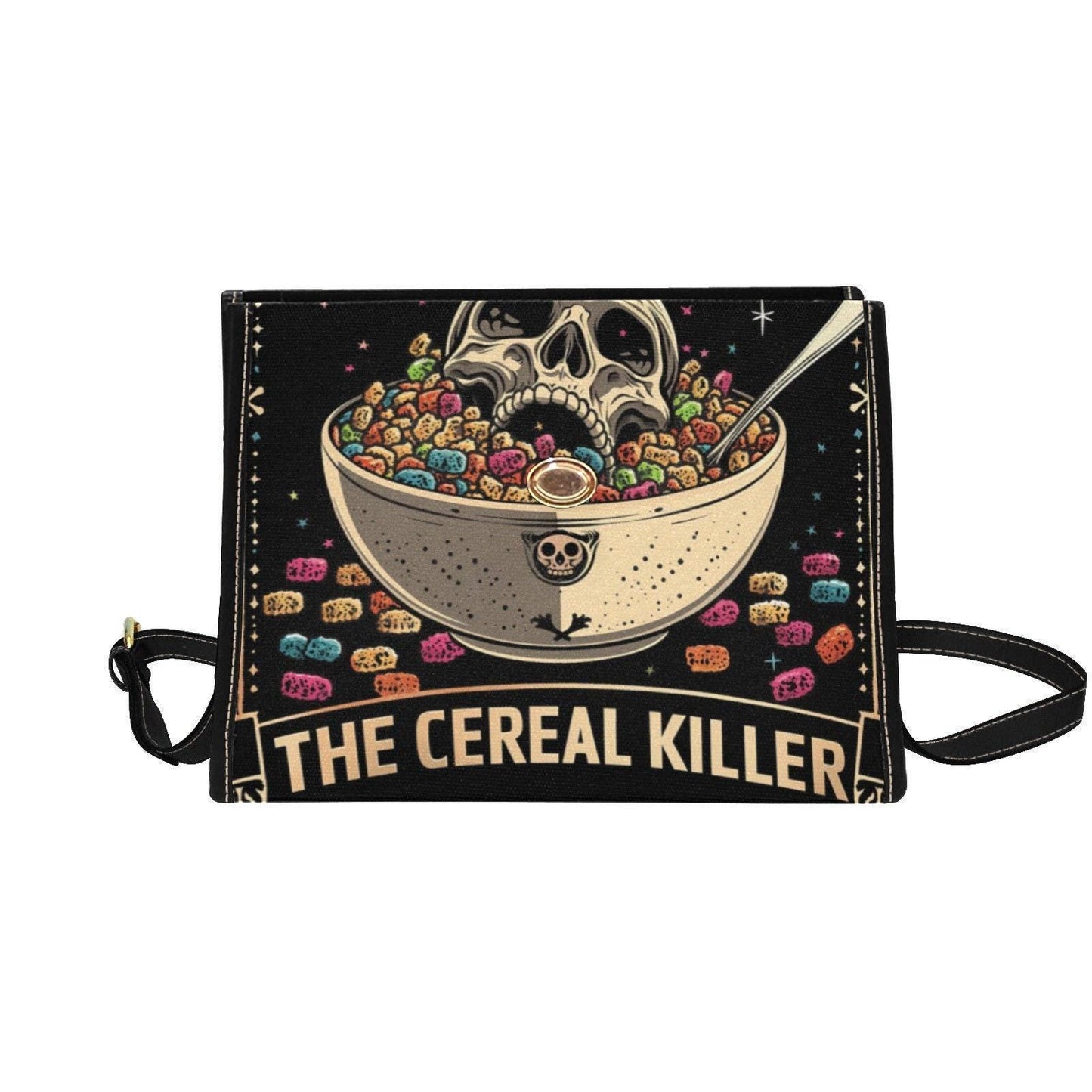 Dark humor shoulder bag, cereal killer canvas satchel, alt goth streetwear purse, spooky skeleton crossbody, funny baddie gift idea
