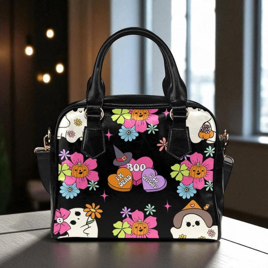 Retro ghost floral handbag, kawaii halloween crossbody, pastel pumpkin purse, witchy spooky satchel, creepy cute handbag, haunted retro bag