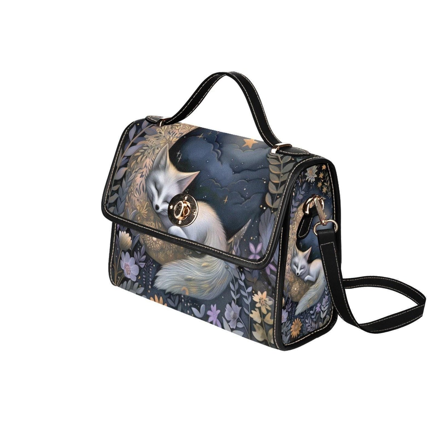 Lunar Witch Shoulder Bag for Women, Celestial Forest Canvas Satchel, Mystical Sleeping Fox Crossbody, Whimsical Alt Girl Gift Idea