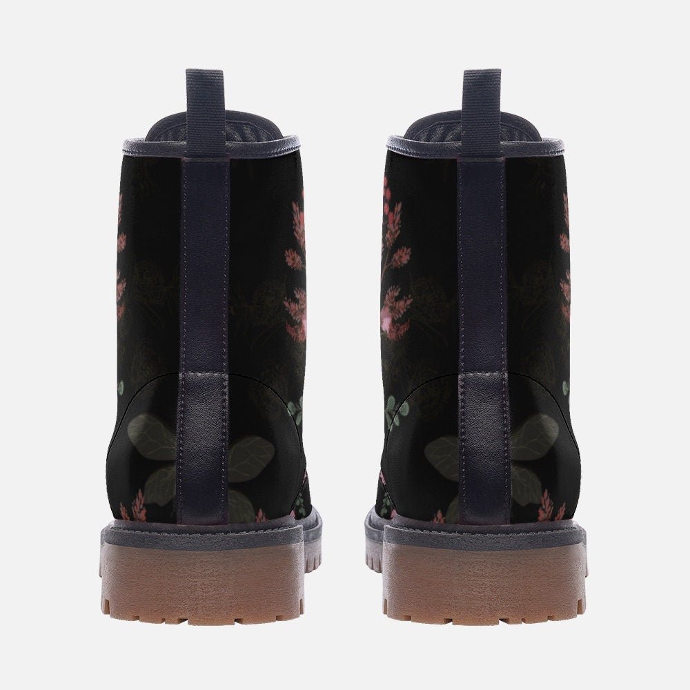 Dark Floral Combat Boots, Gothic Flower Lace Up Boots, Moody Garden Punk Boots for Women,Soft Grunge Witchy Footwear,Floral Print Ankle Boot