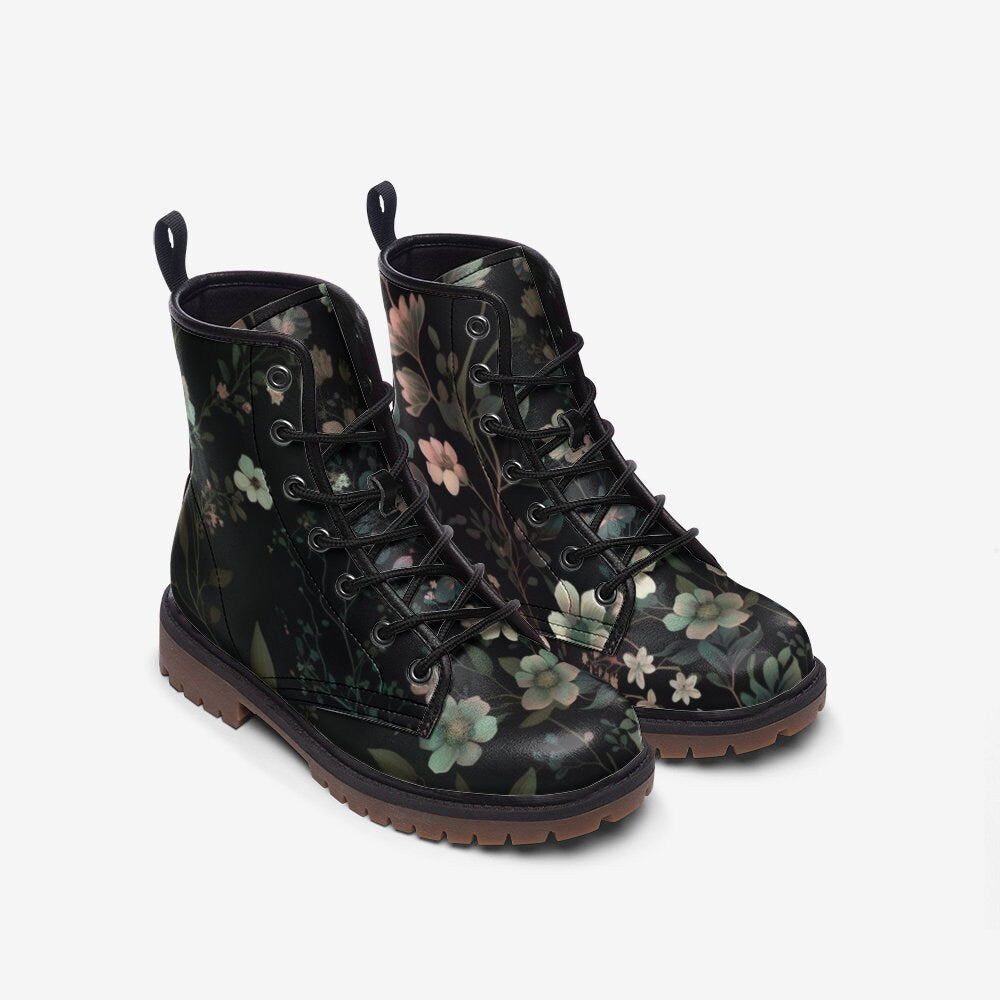 Dark floral combat boots, moody flower lace up shoes, vintage garden ankle boots, botanical print walking boots, Floral style footwear