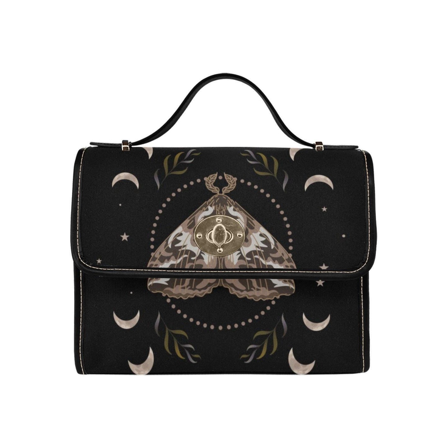 Lunar witch moon phase bag, celestial moth canvas purse, gothic mystic shoulder satchel, alt girl spiritual crossbody gift idea