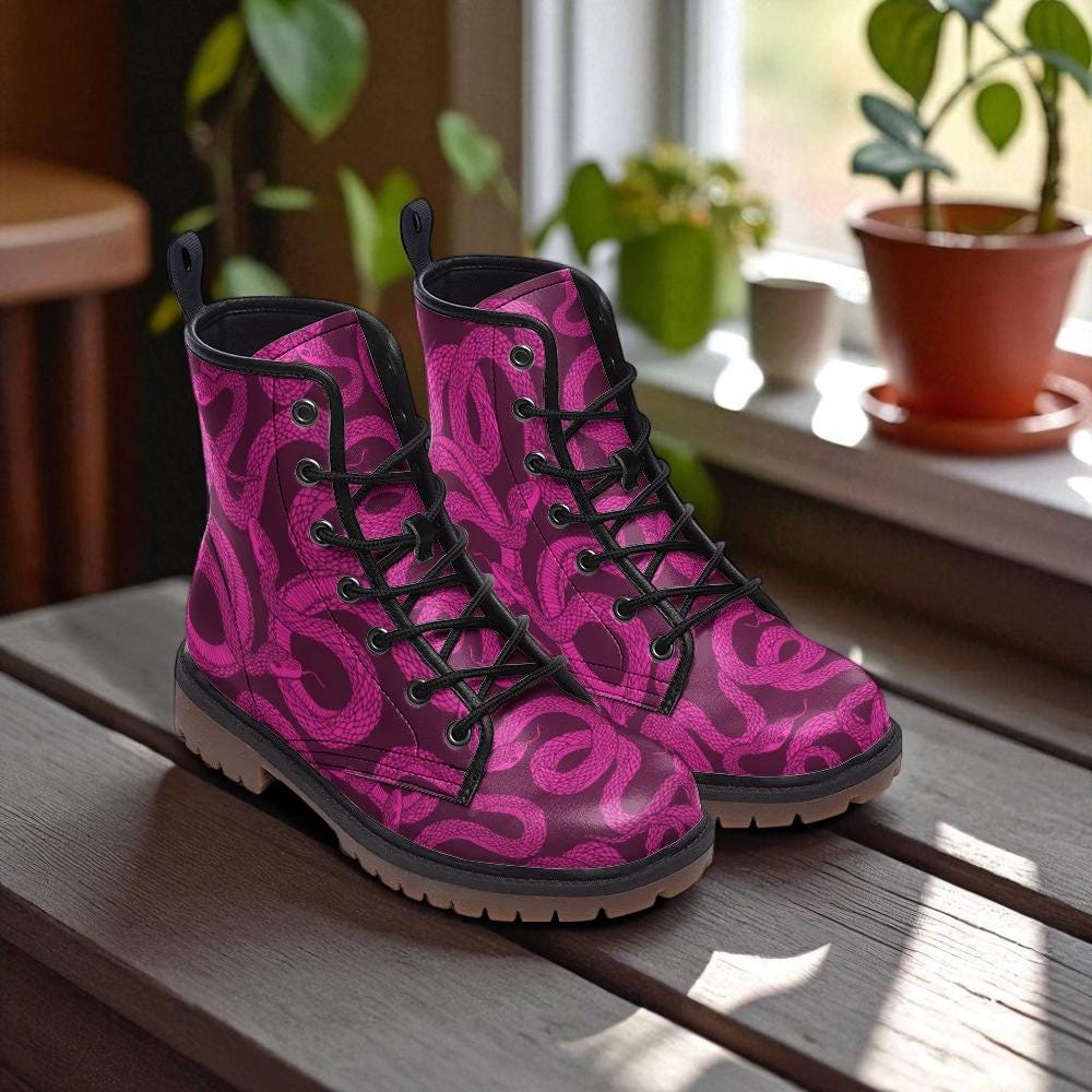 Magenta Snake Combat Boots, Witchy Punk Lace Up Shoes, Alt Girl Festival Footwear, Venom Print Grunge Boots,Gothic Reptile Aesthetic Fashion
